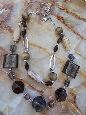 Chunky Neutral Beaded Necklace Earth Tone Statement Brown Gray Artisan Style